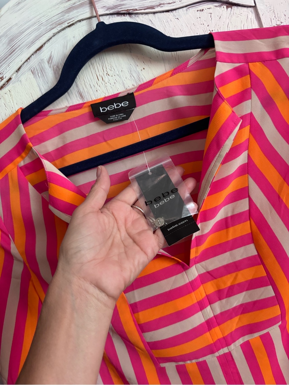 bebe Pink, Orange & Cream Striped V-Neck Tunic